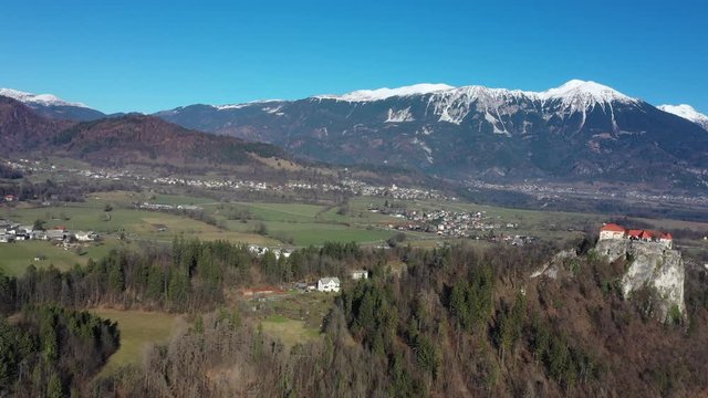 Bled lake aerial view panorama in winter season