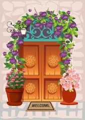 composition with an old door, around which there are flowers,