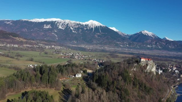 Bled lake aerial view panorama in winter season
