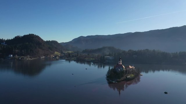 Bled lake aerial view panorama in winter season