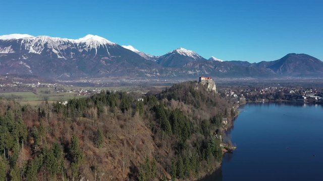 Bled lake aerial view panorama in winter season