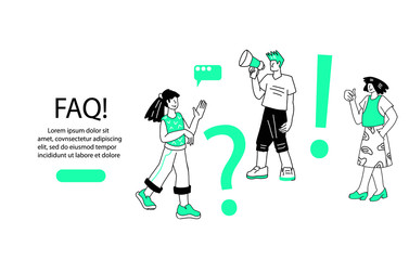 FAQ banner or landing page template with people characters, exclamation and question marks. Online customers support center and Frequently Asked Questions concept. Flat vector illustration.