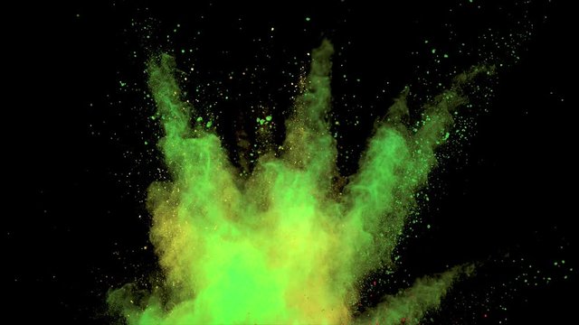 Realistic dual colour explosion on black background. Slow motion movement with quick acceleration and fall