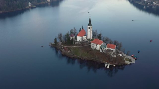 Bled lake aerial view panorama in winter season