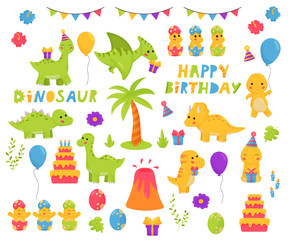 Fototapeta premium Kawaii vector dinosaurs cartoon character set. Birthday theme. Happy birthday lettering. Childish illustration for nursery.