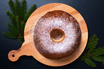 Food Concept homemade Gugelhupf, Guglhupf, Kugelhopf, kouglof bundt yeast cake of Central Europe on...