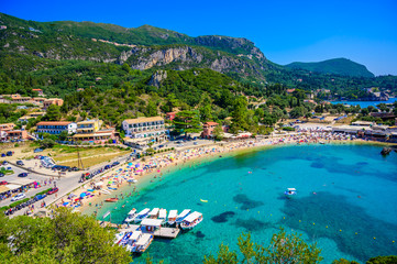 Agios Spiridon Beach with crystal clear azure water and white beach in beautiful landscape scenery...