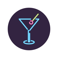 Neon martini cocktail inside circle vector design