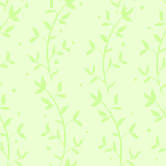 Abstract floral seamless pattern with green vertical branches and leaves; floral design for fabric, wallpaper, textile, wrapping paper, web design.