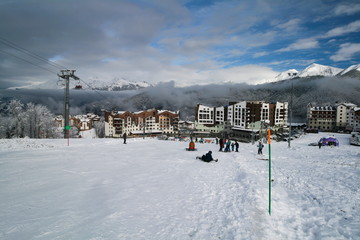View of the ski slopes and hotels of the Rosa Khutor ski resort, Sochi, Russia.