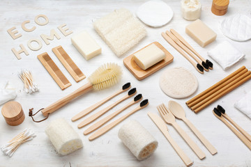 Eco living. Creative flatlay with natural biodegradable accessories. Bamboo toothbrushes, handmade...