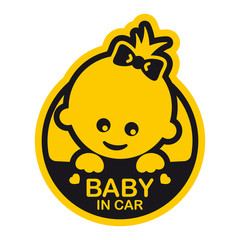Vector yellow circle sign with baby girl and text - Baby in car. Isolated white background.