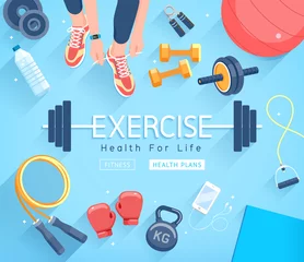 Foto auf Alu-Dibond Exercises conceptual design. Young people doing workout. Sport Fitness banner promotion vector Illustrations. © graphixmania