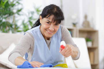 happy woman cleaning with a spray detergent