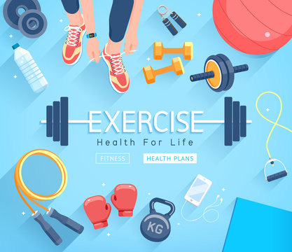 Exercises conceptual design. Young people doing workout. Sport Fitness banner promotion vector Illustrations.