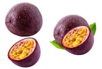 Fresh ripe passion fruit, whole, half cut fruits set isolated. Passion fruit design elements, focus...