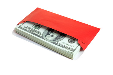 Money 100 Us dollar bills in a red envelope at white background