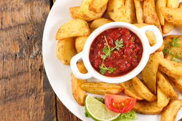 fried potato and tomato sauce- top view