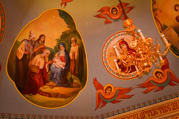 Frescoes on the walls of an Orthodox church. The painting dome in the church