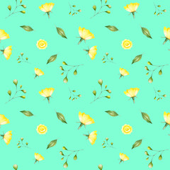 Watercolor pattern with roses, leaves and twigs.