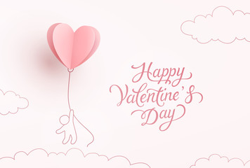 Heart flying balloon with man on pink background. Vector love postcard for Happy Valentine's Day greeting card design.