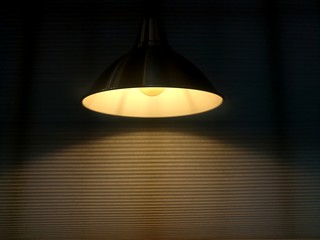 Lighting from the lamp shines down in the dark room.