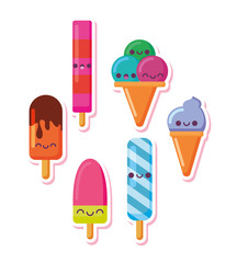 kawaii ice creams and popsicles cartoons vector design