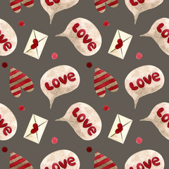 Seamless pattern with hearts on gray background Watercolor illustration. Valentines day