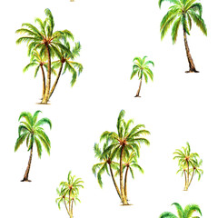 Seamless pattern with palm trees, tropical plants trees. Suitable for summer clothing fabric, leisure clothing. Watercolor illustration isolated on white background