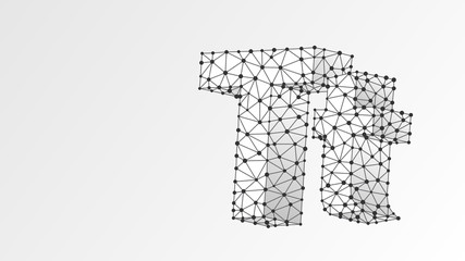 Alphabet letter T. Abstract digital wireframe, low poly mesh, vector white origami 3d illustration. Design of an Uppercase and lowercase english letters. Banner, template or a pattern. Line dot