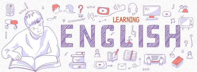 Horizontal Internet banner about learning English language: boy reads a book. Blue outline icons, symbols on white background. Line art illustration for English school, courses, panoramic view, vector