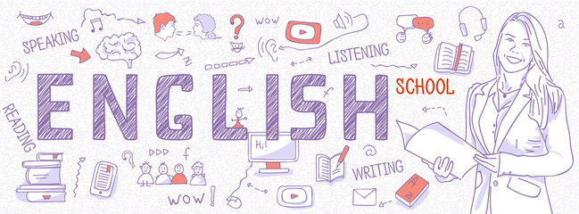 Horizontal Internet banner learning English: language teacher with student book. Blue outline icons, symbols white background. Line art illustration for English school, courses, panoramic view, vector