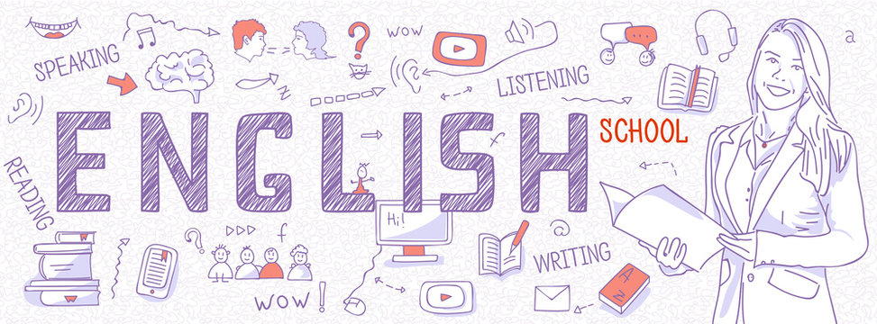 Horizontal Internet banner learning English: language teacher with student book. Blue outline icons, symbols white background. Line art illustration for English school, courses, panoramic view, vector