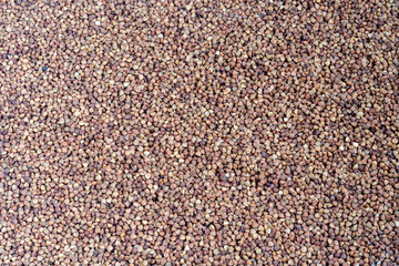 Buckwheat groats are scattered on a light background. Dark texture and background.