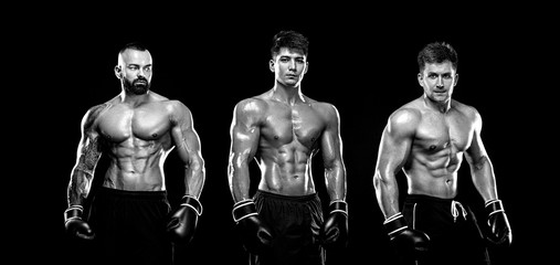 Boxing concept. Sport and fitness motivation. Individual sports recreation. Group of boxers in gloves isolated on dark background. Black and white photo.