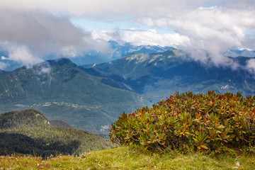 Beautiful summer landscape of mountains with alpine meadows in Abkhazia: the sun, white clouds, flowering green meadows