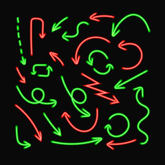 Vector Red and Green Neon Arrows Isolated on Black Background, Icons Set.