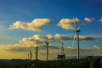 Obraz premium Wind turbine farm from clean energy. Wind power for electricity.