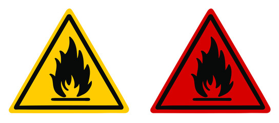 Hazard symbol fire safety warning sign. Yellow and red fire sign vector illustration.