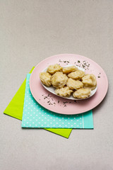 Fish dumplings. The concept of healthy food for children. Stone concrete background