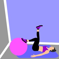 Beautiful young woman doing exercises on ball in a fitness studio. Girl exercising fitness training. People vector illustration. 