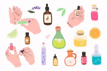 Set of various essential oils with female hands, plants and fruits. Collection of jars and flasks. All elements are isolated. Trendy illustration. Eps 10.
