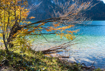 Peaceful Autumn Alps mountain lake Offensee lake, Salzkammergut, Upper Austria.