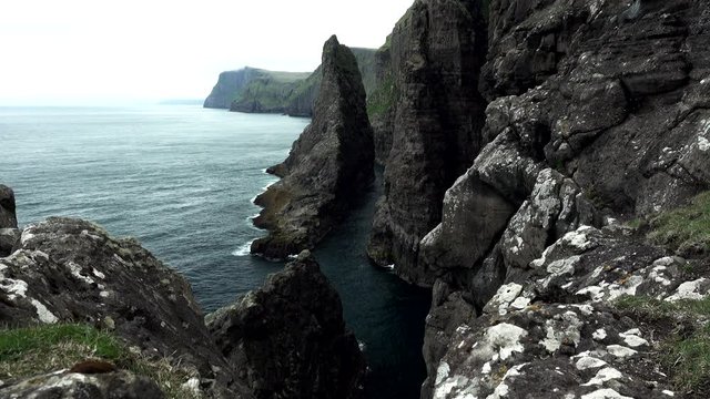 Sliding camera in the sheer coastline of Faroe islands