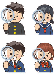 中学生と高校生が虫眼鏡で覗いている