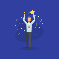 Smiling Successful Businessman with Winner Cup Trophy Vector illustration