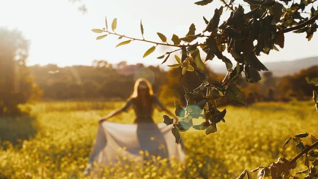 Girl in green dress prepares picnic in the fields fool of blooming yellow flowers. Long hair woman walks around the beautiful countryside. Golden light in idyllic landscape. Peace and tranquility.
