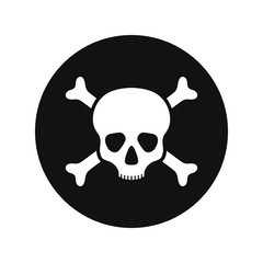 Human skull and bones graphic icon. Skull and bones sign in the circle isolated on white background. Mortal danger symbol. Vector illustration