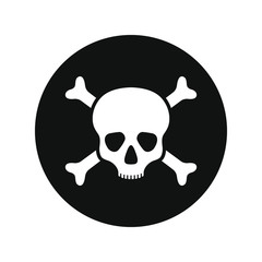 Human skull and bones graphic icon. Skull and bones sign in the circle isolated on white background. Mortal danger symbol. Vector illustration