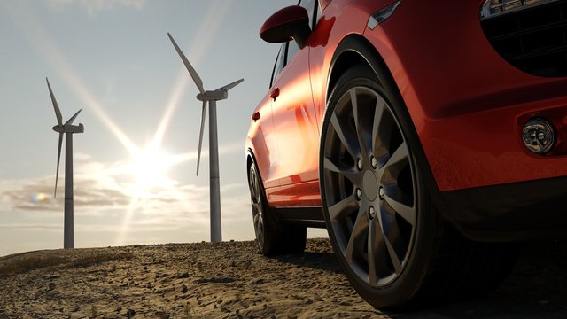 Red car on the background of wind turbines and the sun, a concept for advertising auto products. 3D illustration.